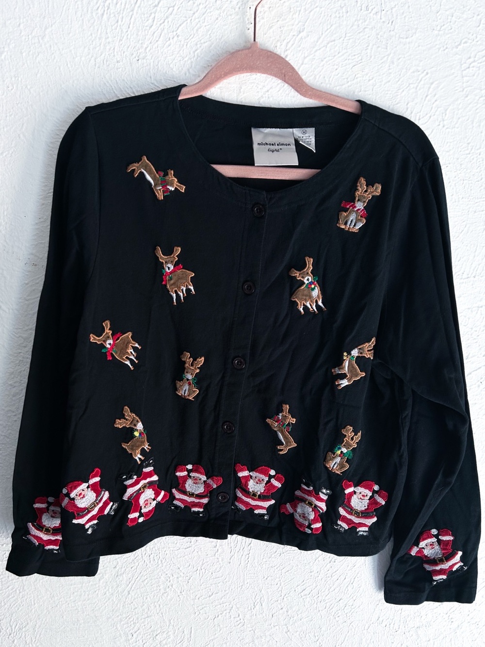 Michael Simon Light Embroidered Santa Reindeer Christmas Cardigan Medium